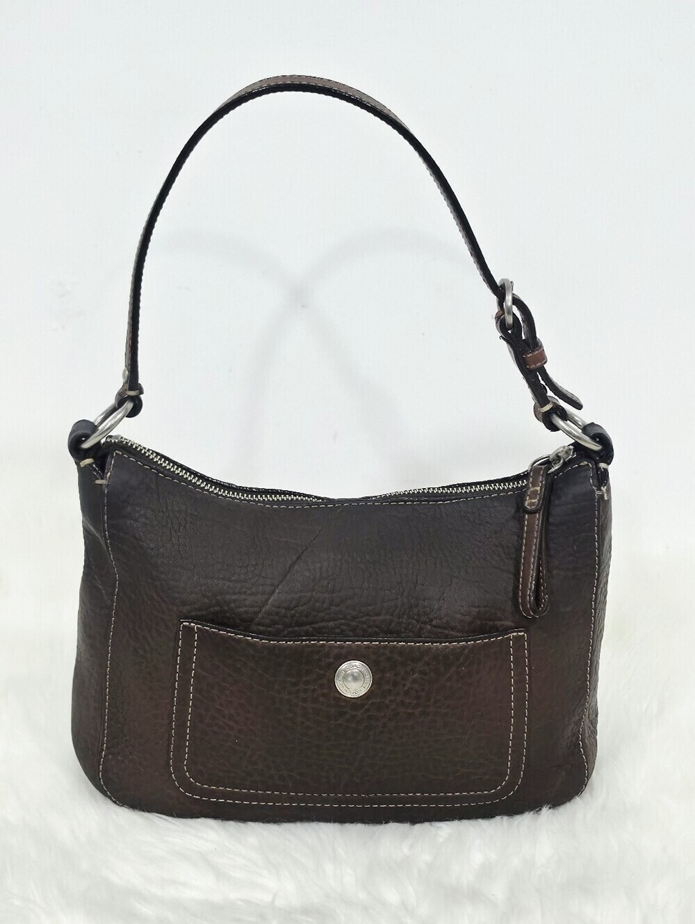 Coach F10890 Brown Pebbled Leather Shoulder Bag Purple Interior